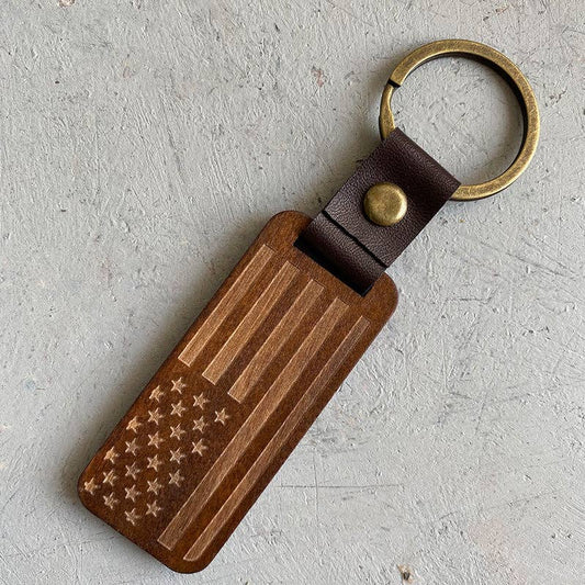Flag Leather Wood Pendant Keychain