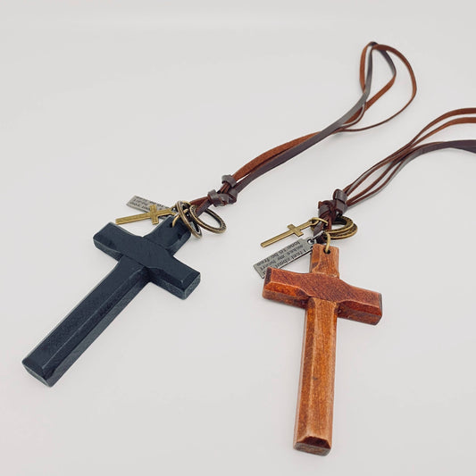 Retro Leather Rope Wood Cross Pendant Necklace