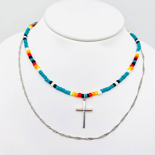 Western Style Colorful Beads Cactus Pendant Necklace 2pc/set: Cross