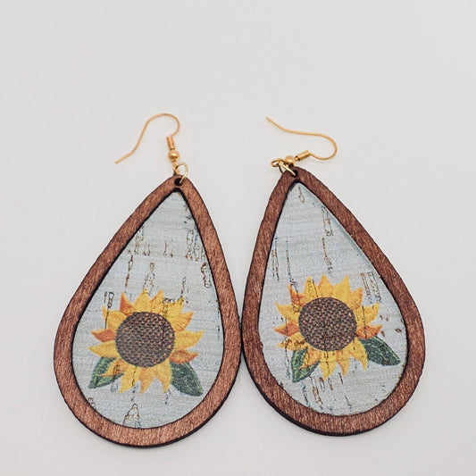 Western Style Drop Shape Sunflower Wooden Earrings