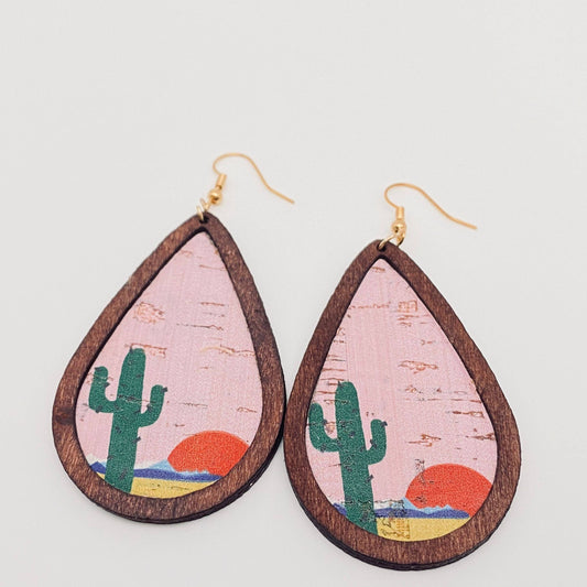 Western Style Drop Shape Cactus Wooden Earrings