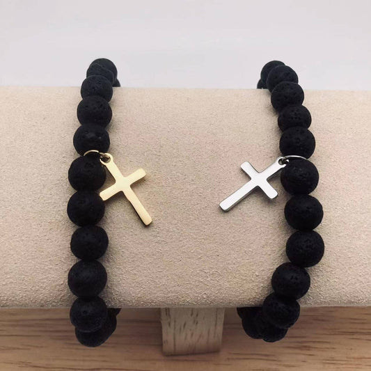 Natural Stone Lava Cross Charm Bracelets